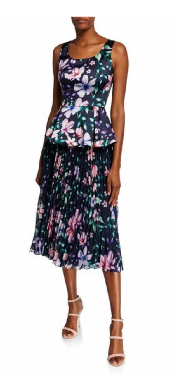 Marchesa Notte 2 Piece Navy Floral Print Peplum Top Pleated Midi Skirt Set 10